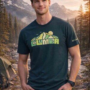NWT Columbia T-Shirt Green Yellow Cotton Blend Men's Size Large FITS MEDIUM